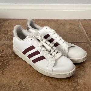 Adidas White Shoes with Burgundy Stripes